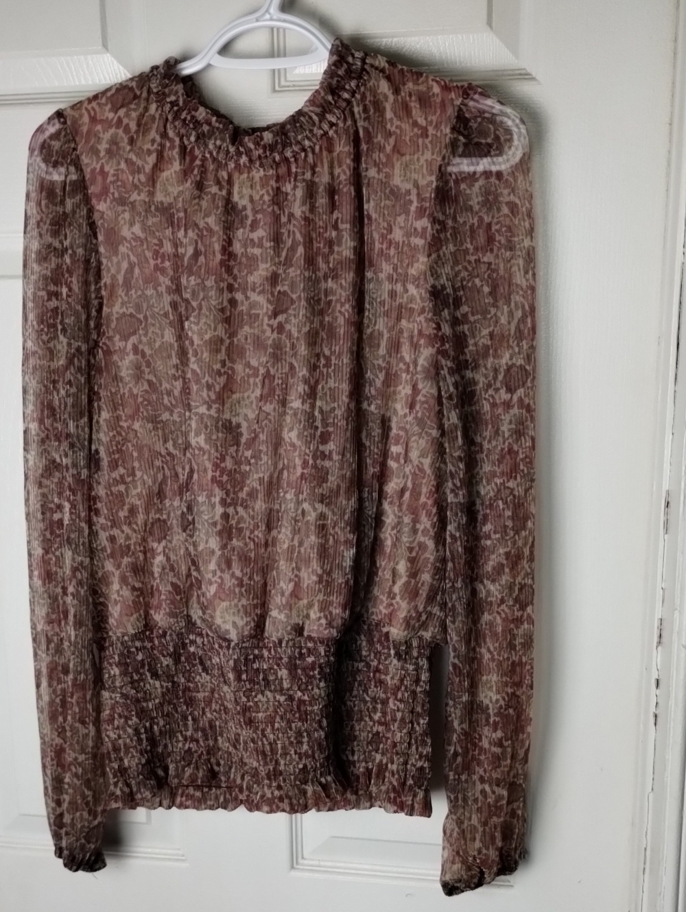 Joie Boho Romantic Floral Sheer Ruffle High Neck Smocked Waist Blouse Top XL
